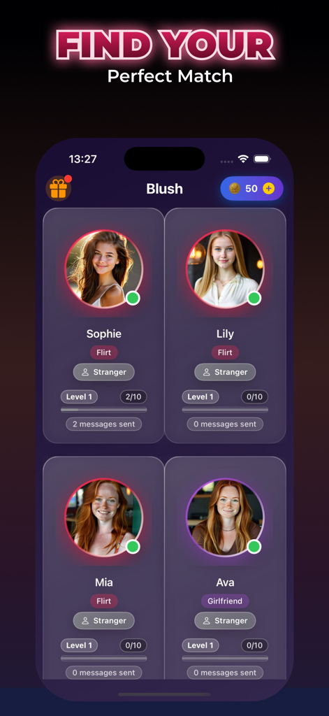 A screen from the Blush AI app showing profiles of various AI characters like Sophie and Lily under the heading Find Your Perfect Match.