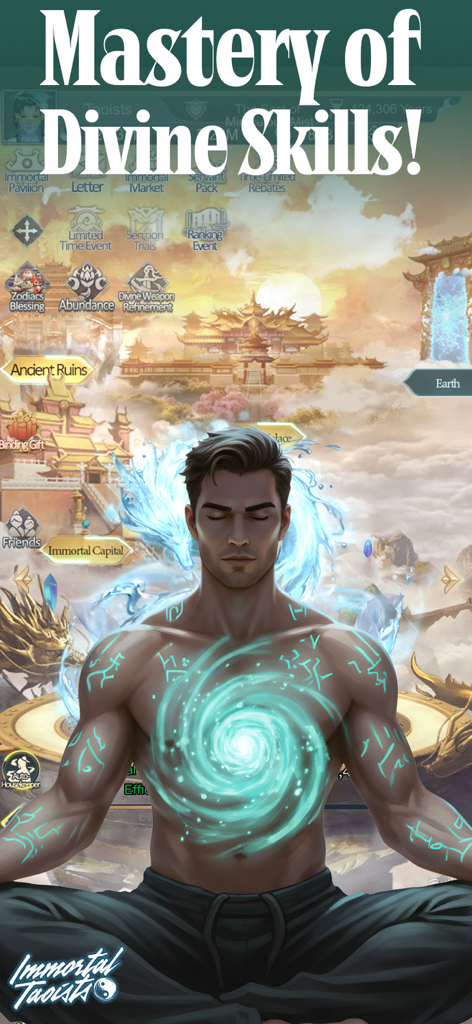 Immortal Taoists-MUD Wuxia - A male character meditating with glowing energy symbols to master divine skills in the Immortal Taoists cultivation game.