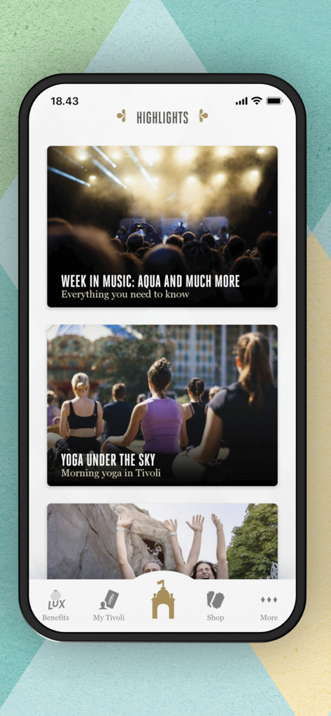 Tivoli Gardens - Screenshot of the Tivoli Gardens app Highlights section featuring music events and morning yoga.