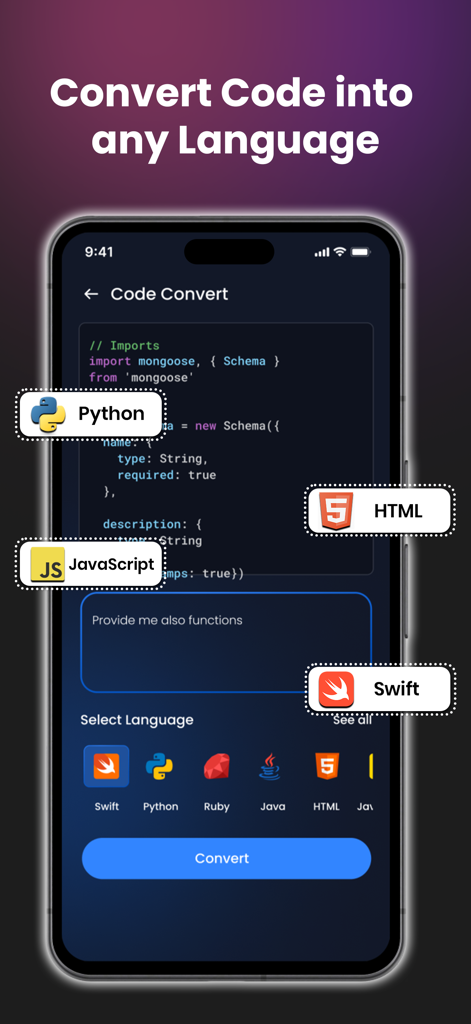 Dev AI – Learn Coding - Python, JavaScript 및 Swift와 같은 프로그래밍 언어 간의 스니펫을 번역하는 코드 변환 도구를 보여주는 Dev AI 앱 인터페이스