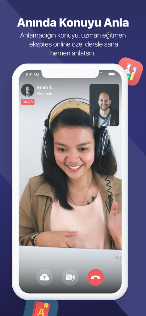 A female student engaged in a live video call with a geometry tutor for an express online lesson.