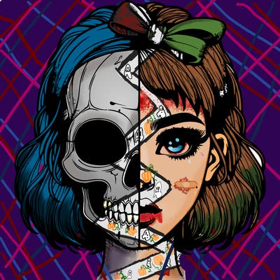 realistic girl with half skull mask