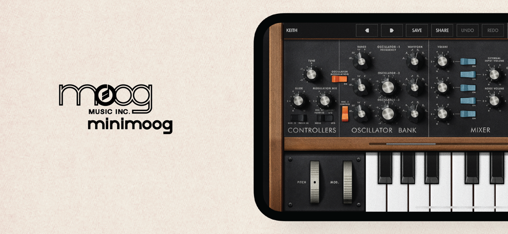 The Minimoog Model D Synthesizer mobile app interface showing classic analog style controls and keyboard.