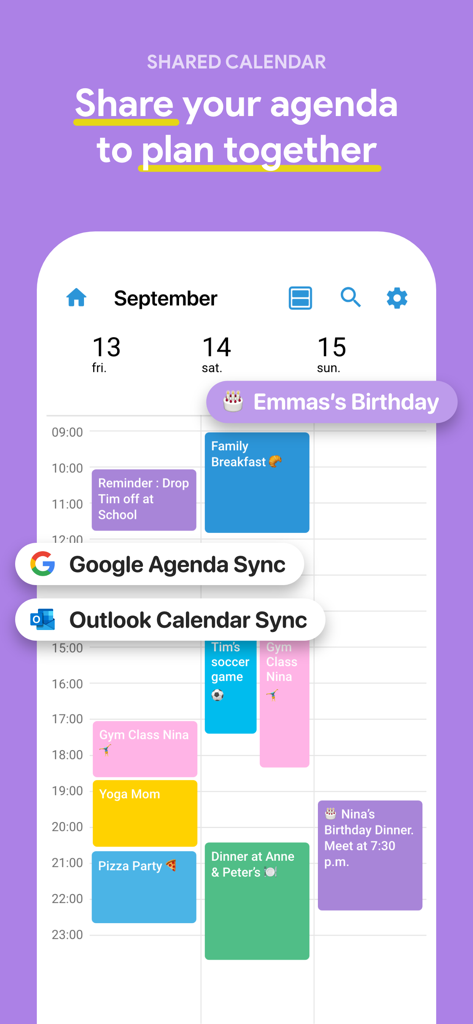 Capture d'écran de la fonction de calendrier familial partagé de FamilyWall affichant un emploi du temps familial codé par couleur avec des options de synchronisation Google et Outlook.