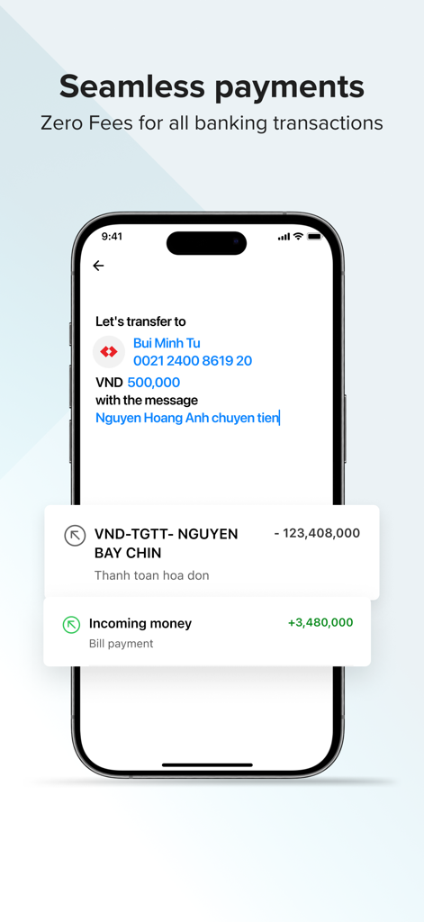 Techcombank Mobile - Techcombank Mobile app interface showing seamless money transfers and zero fee transactions