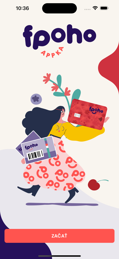 Splash screen for the fpoho employee benefits app featuring an illustration of a person holding a digital card and meal vouchers.