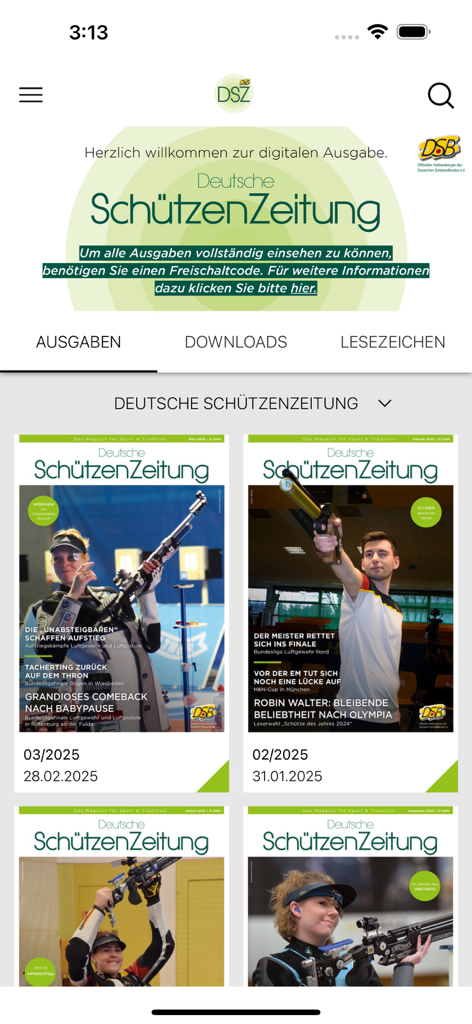 Digitale Ausgaben der Deutschen SchützenZeitung-Zeitschrift in der mobilen App-Oberfläche.