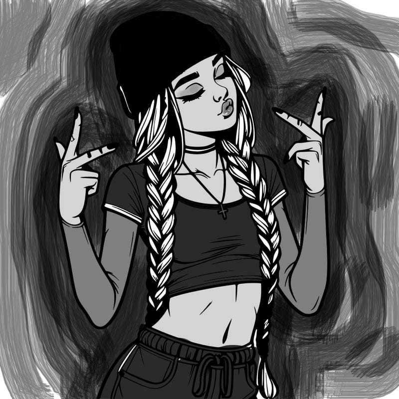 realistic teenage girl with braids and a beanie and crop top doing 🫶🏼
