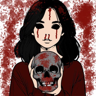 realistic girl holding a skull