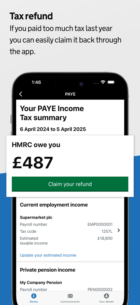 Interface do aplicativo móvel da HMRC mostrando um reembolso de imposto de 487 libras e um botão de solicitação
