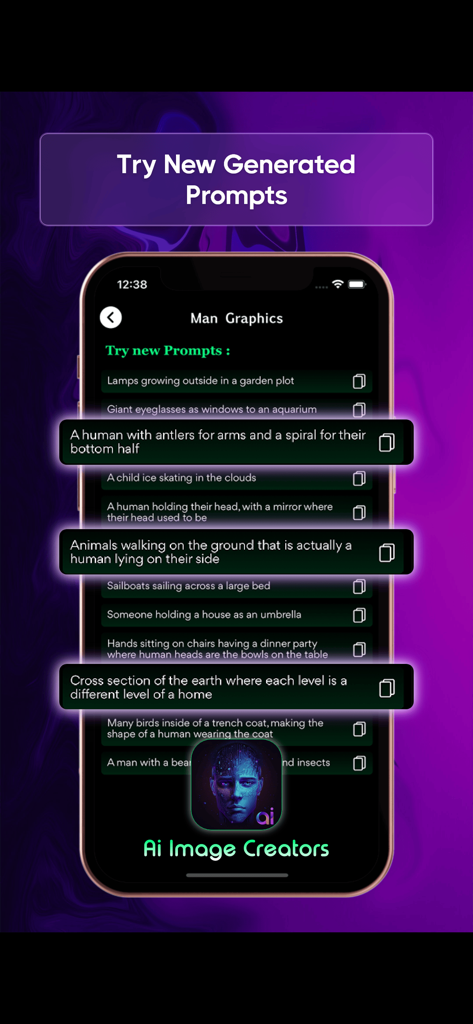 Ai Image Creators - AI Image Creators app screen showing a list of creative text prompts for AI image generation.