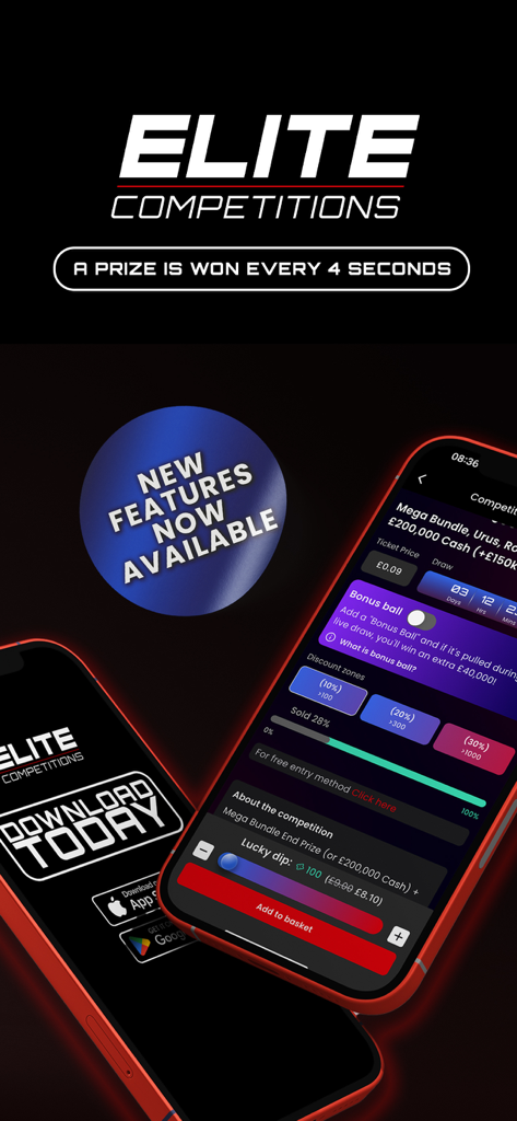 Elite Competitions mobile app interface showing a prize draw for luxury items and cash