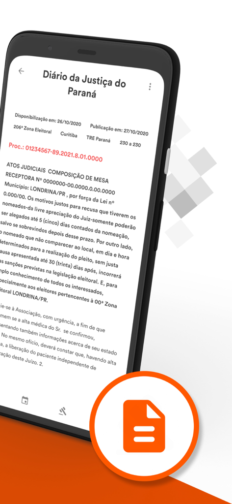 Advise Hub mobile app screen displaying a legal publication from a Brazilian court gazette.