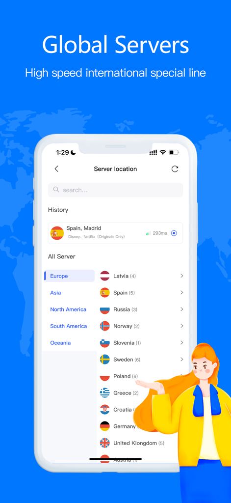 iSharkVPN - Secure & Fast VPN - iPhone screen showing iSharkVPN global server list with options for Europe and various country locations