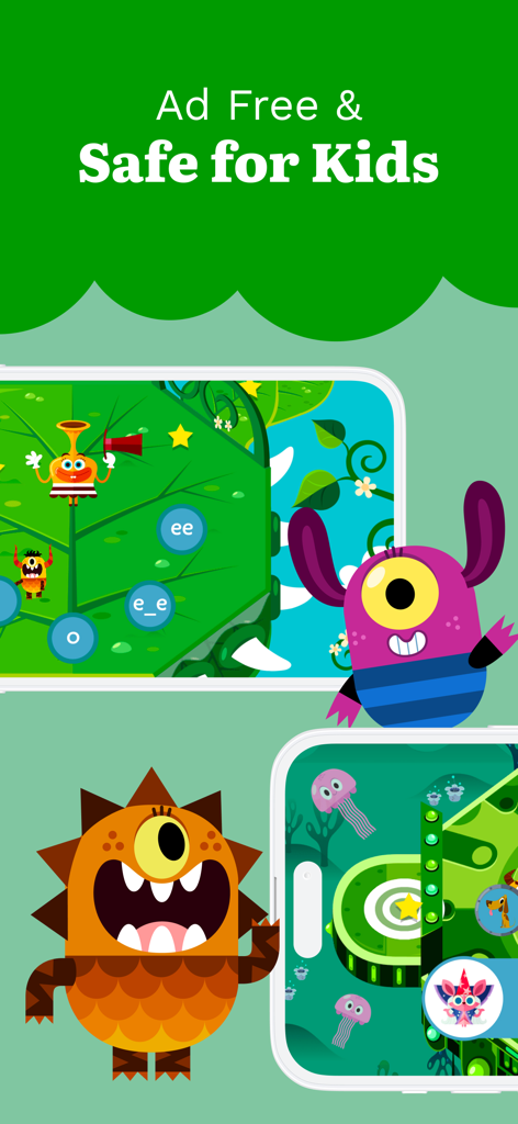 Teach Your Monster to Read - Captura de pantalla del juego educativo que muestra monstruos coloridos y lecciones de fonética con el texto Ad Free y Safe for Kids