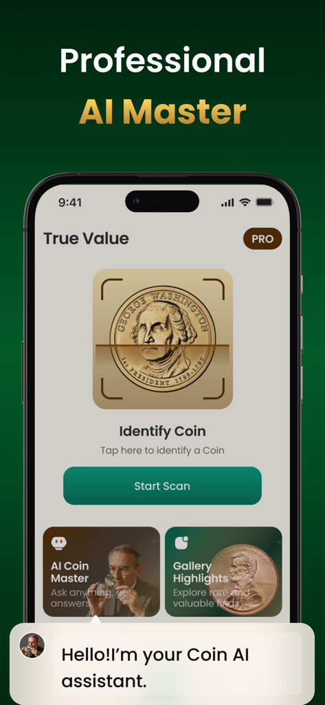 Coin Value Checker & Price - Interface of the Coin Value Checker app showing the AI scan feature to identify a George Washington coin.