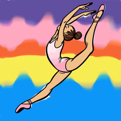 gymnast doing a leap in a leotard with a bent back leg