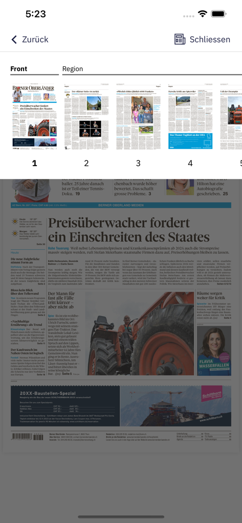 BZ Berner Oberländer E-Paper - Digital newspaper page and page thumbnails within the BZ Berner Oberlaender E-Paper app.