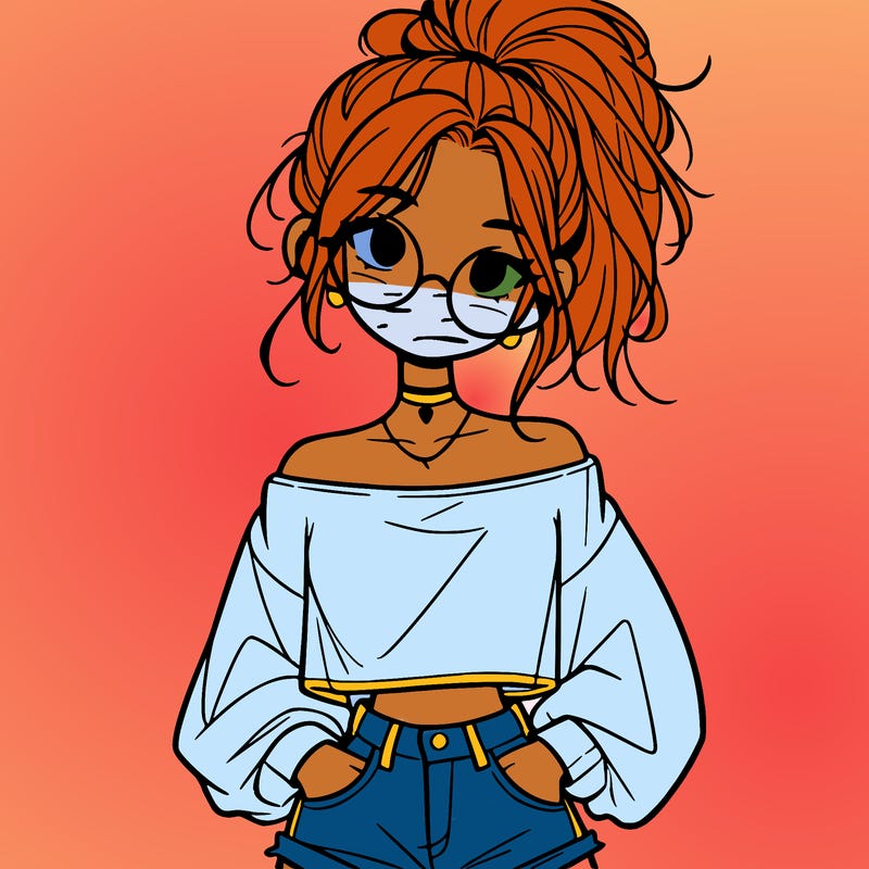 girl with a messy ponytail glasses a baggy crop top and jean shorts