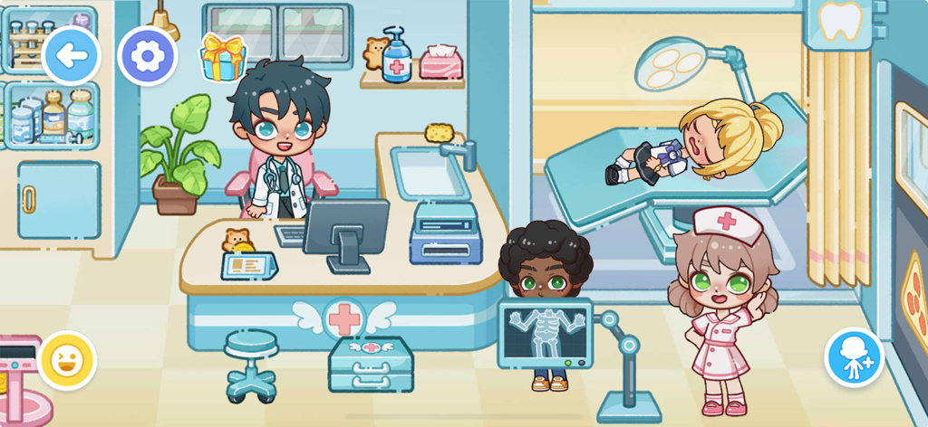 Candyville:Avatar City - A colorful cartoon hospital room in Candyville Avatar City with a doctor, nurse, and patient.