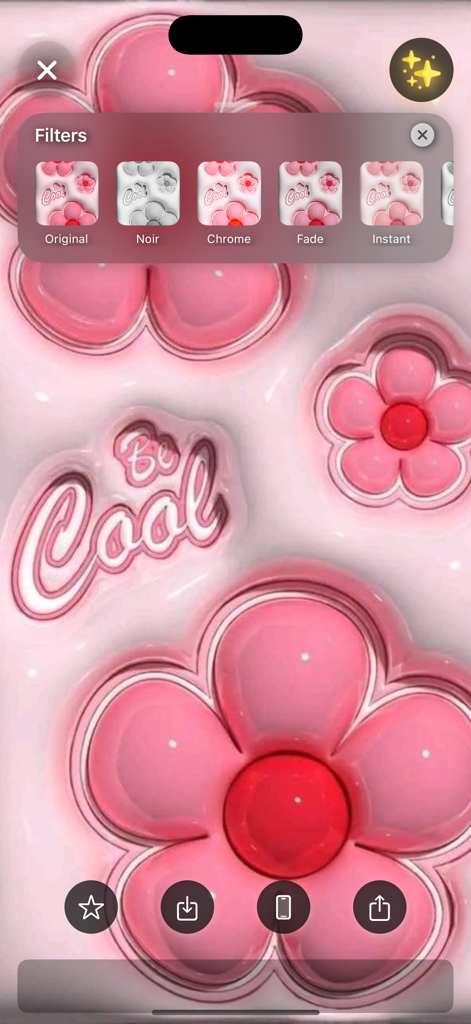 Puffy Kawaii Wallpaper - Una captura de pantalla de la interfaz de la aplicación Fondo de Pantalla Kawaii Esponjoso que muestra un diseño de flor de arcilla rosa 3D con una superposición del menú de filtros