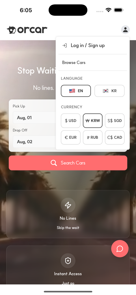 Orcar: Jeju Car Rental - Orcar mobile app showing language and currency selection settings for Jeju car rental