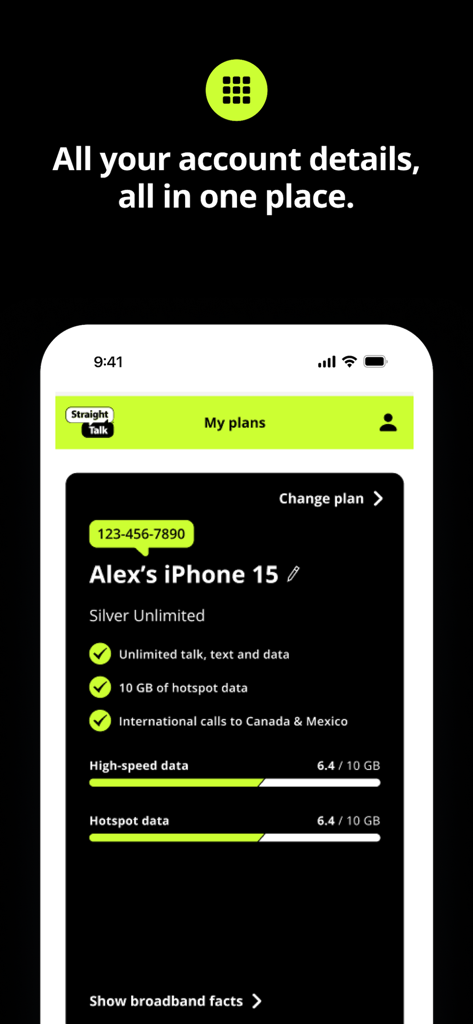 My Straight Talk: Mobile App - Dashboard of the My Straight Talk mobile app displaying account plans and real-time data usage tracking.