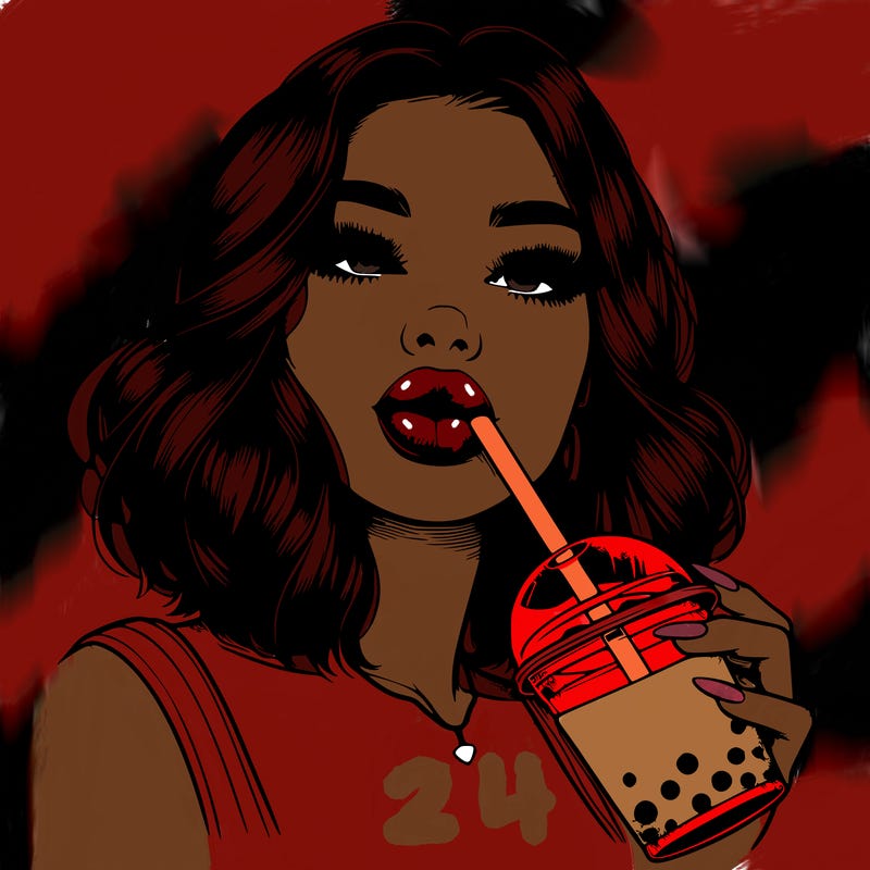 realistic girl with glossy lips holding boba