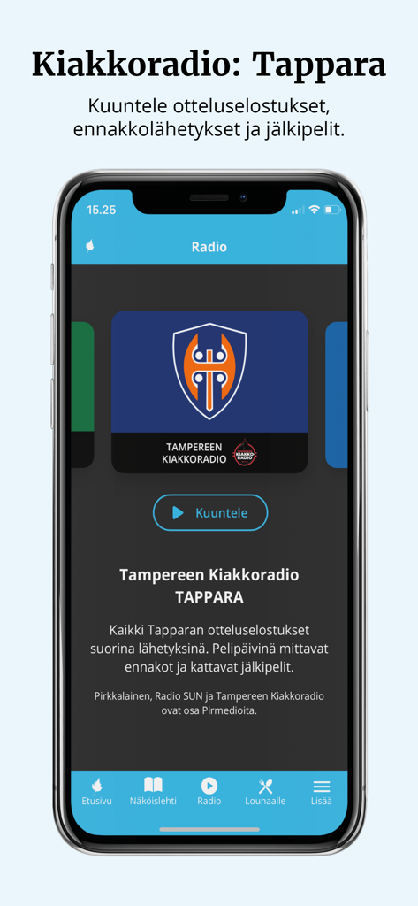 Tapparaアイスホッケーの試合のラジオ放送セクションを表示するPirkkalainen-lehtiアプリのインターフェース
