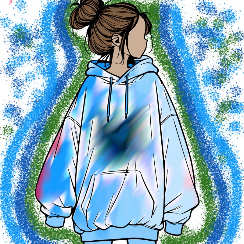 realistic girl with a oversized sweatshirt on and a bun