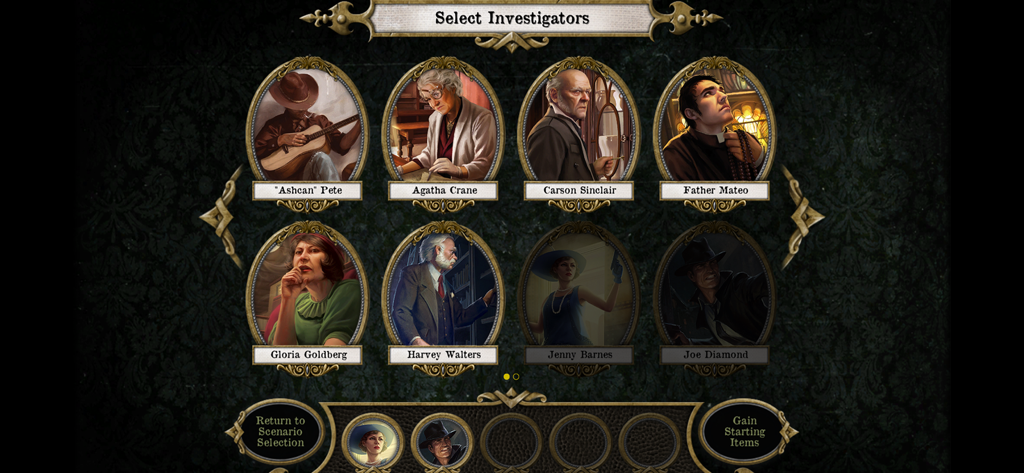 Investigator selection screen featuring multiple character portraits for the Mansions of Madness board game app