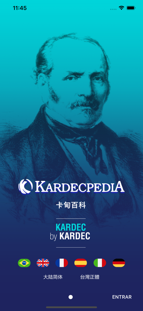 Kardecpedia - Kardecpedia app start screen with Allan Kardec portrait and language selection flags