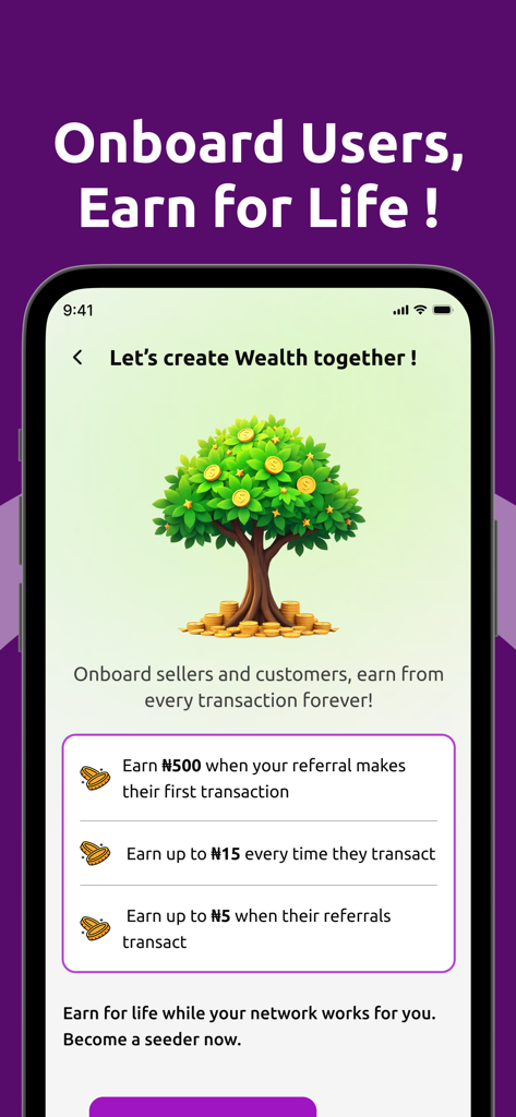 FaceCard app screen showing the referral program details with a money tree graphic and earning potential for onboarding new users