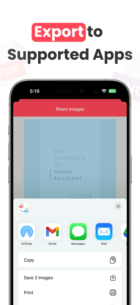 Interfaz de la aplicación PDF to Photos mostrando la hoja para compartir de iOS con opciones para exportar imágenes convertidas a Gmail, Mensajes y AirDrop