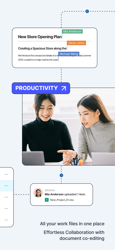 Captura de tela do aplicativo LINE WORKS Drive mostrando edição colaborativa de documentos em tempo real e recursos de produtividade para colaboração em negócios