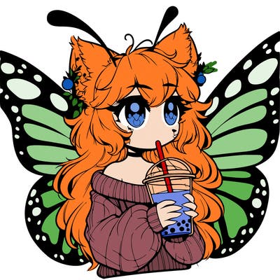 a realistic butterfly/furry girl drinking boba