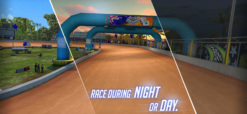 Gameplay screenshot of Dirt Trackin 2 showing dirt track racing during day and night cycles.