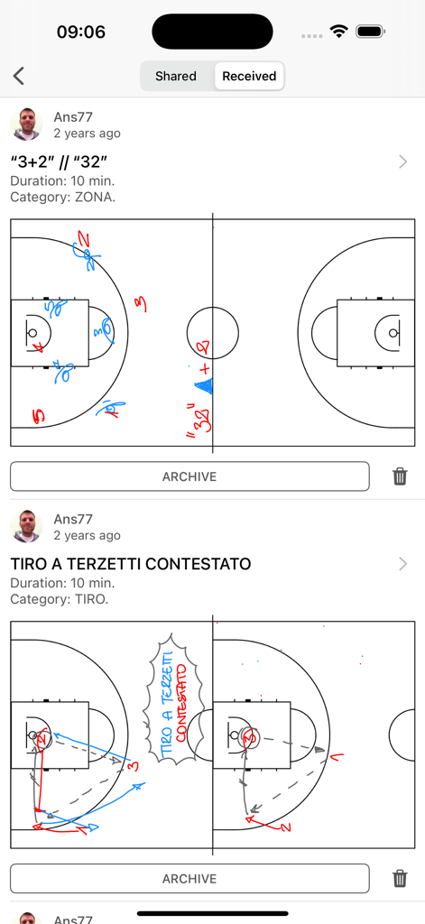 Mobile app interface displaying shared basketball plays and hand-drawn drill diagrams on a court.