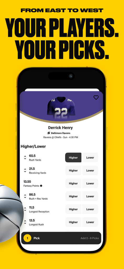 Underdog Sports - Underdog Sports app screenshot showing Pick'em Higher or Lower player projections for Derrick Henry