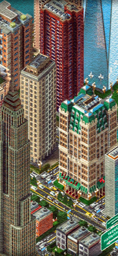 City Builder - NewYork - Isometric gameplay view of New York City skyscrapers and busy streets in a retro building game