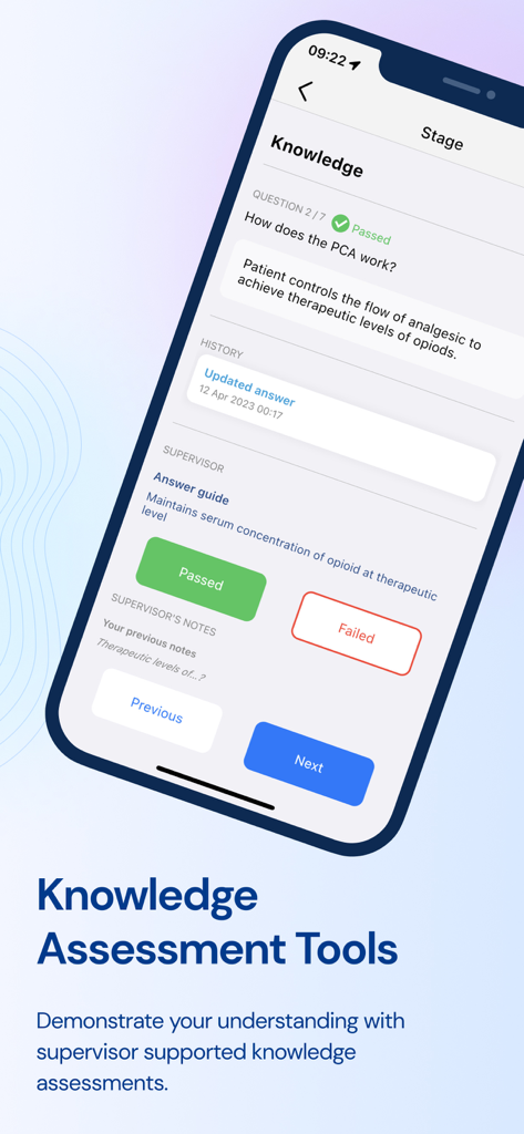 Compassly app interface for supervisor-supported clinical knowledge assessments and competency tracking
