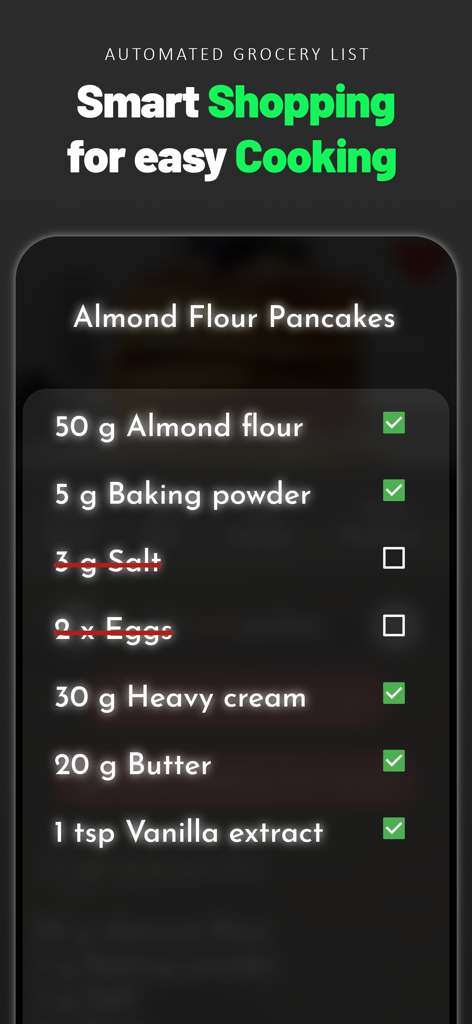 Easy Keto Diet Carb Manager - Automated grocery list for keto almond flour pancakes in the Easy Keto app