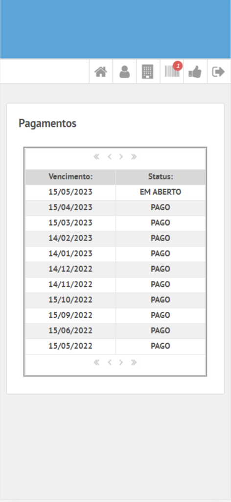 BV Garantia - Una tabla dentro de la aplicación BV Garantia que muestra una lista de fechas de vencimiento de pagos y su estado actual como pagados o pendientes.