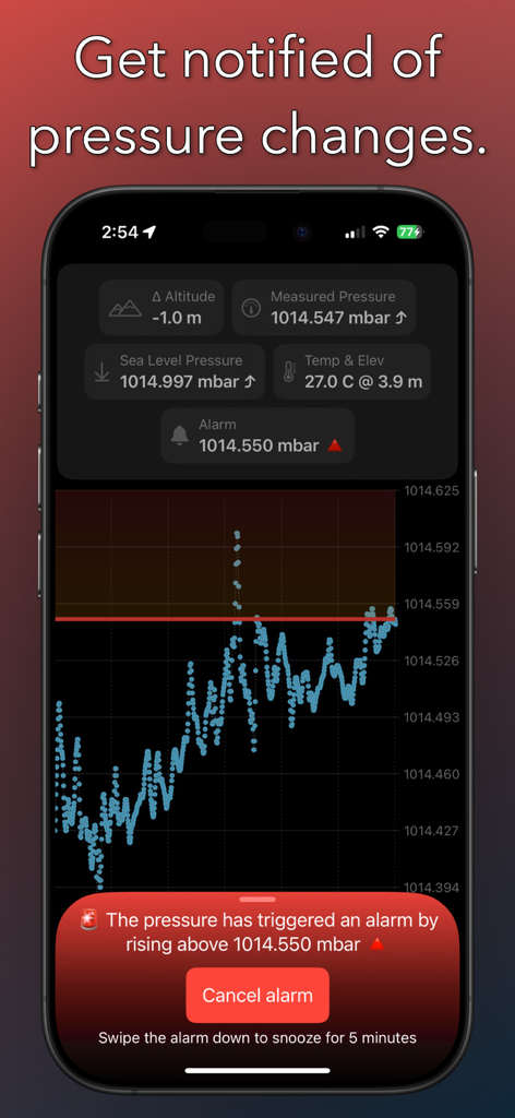 Barograph: Barometer Graph - Barograph-App-Oberfläche mit einer Benachrichtigung über einen Luftdruckalarm und einem Echtzeit-Datendiagramm