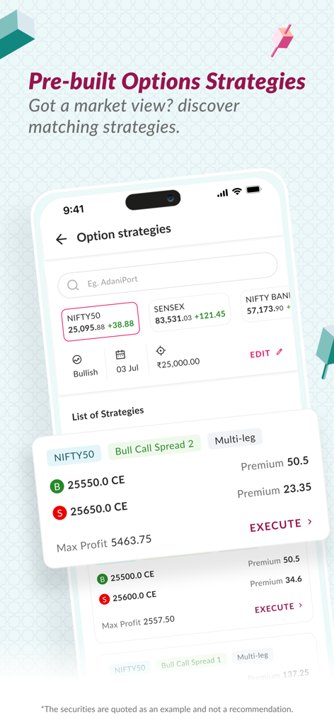 Axis Direct Trader - Axis Direct Trader mobile app interface showing pre-built options strategies and bull call spread execution for NIFTY50