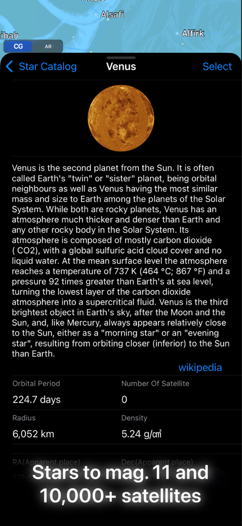 Starry Map - Educational view of the planet Venus in the Starry Map app showing scientific data and a descriptive overview