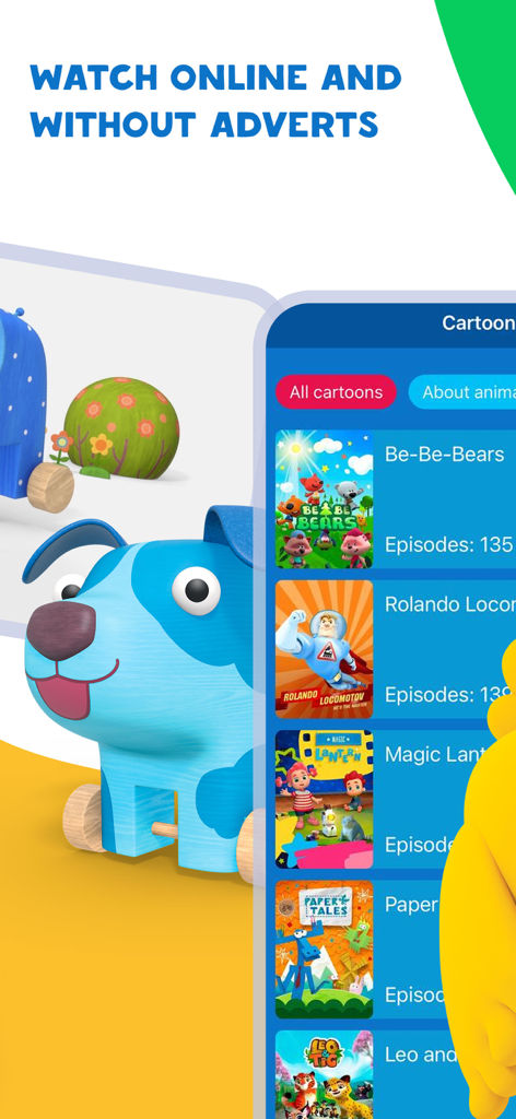 MOOLT – cartoons for children - Interface of the MOOLT app showing a list of cartoons and an ad free viewing message.