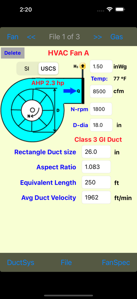 Fan Spec Performance - Interface of Fan Spec Performance app showing HVAC fan and duct system engineering parameters