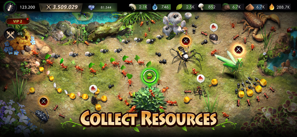 Ants gathering resources and interacting with insects in a nature-themed strategy game