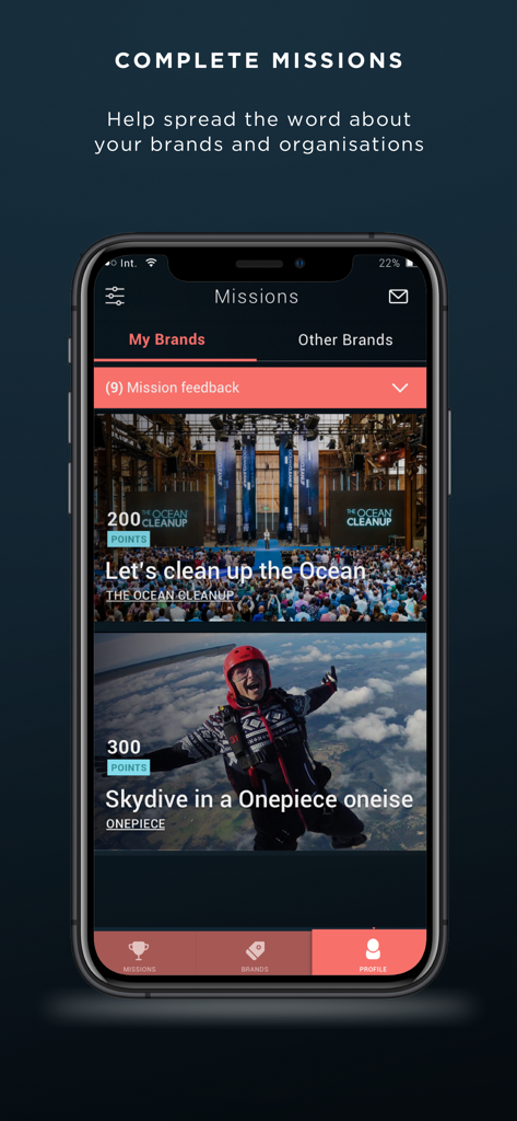 Pantalla de la aplicación Brandbassador que muestra varias misiones de marca y puntos de recompensa.